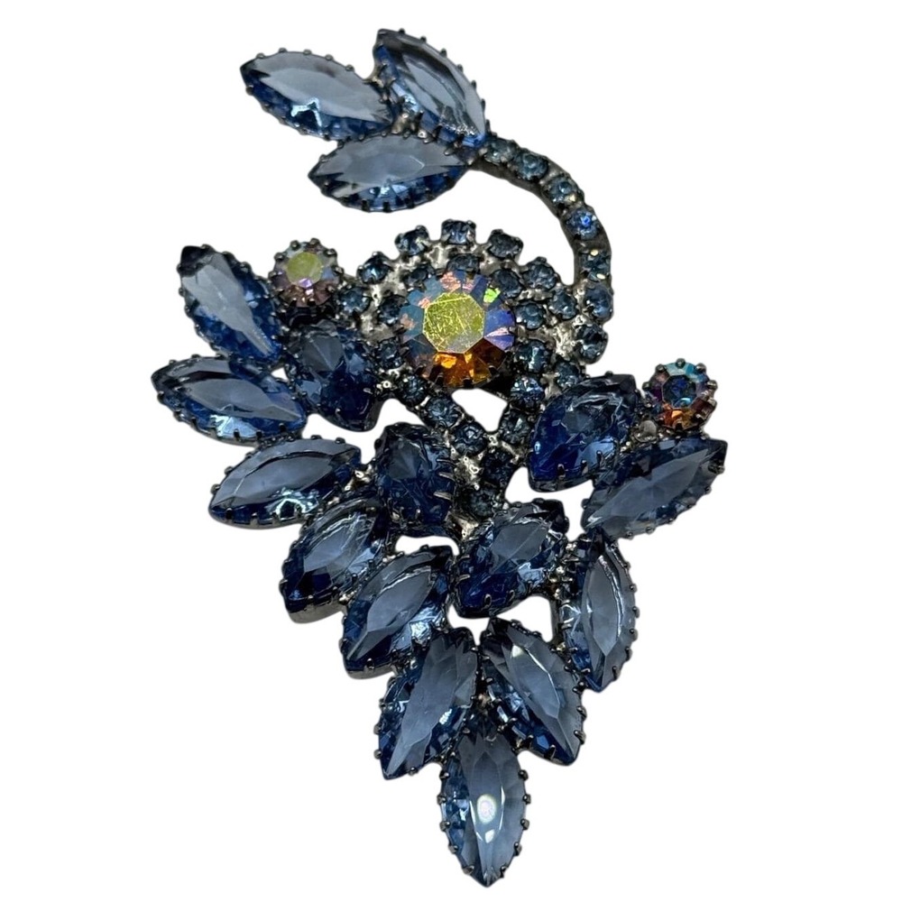 Vintage Blue Rhinestone Brooch AB Aurora‎ Borealis Silver Tone Pin